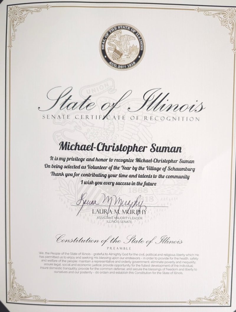 We are grateful to receive recognition from Illinois State Senator Laura M.