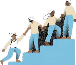 Illustration of volunteers helping each other climb steps, representing chapter groundwork