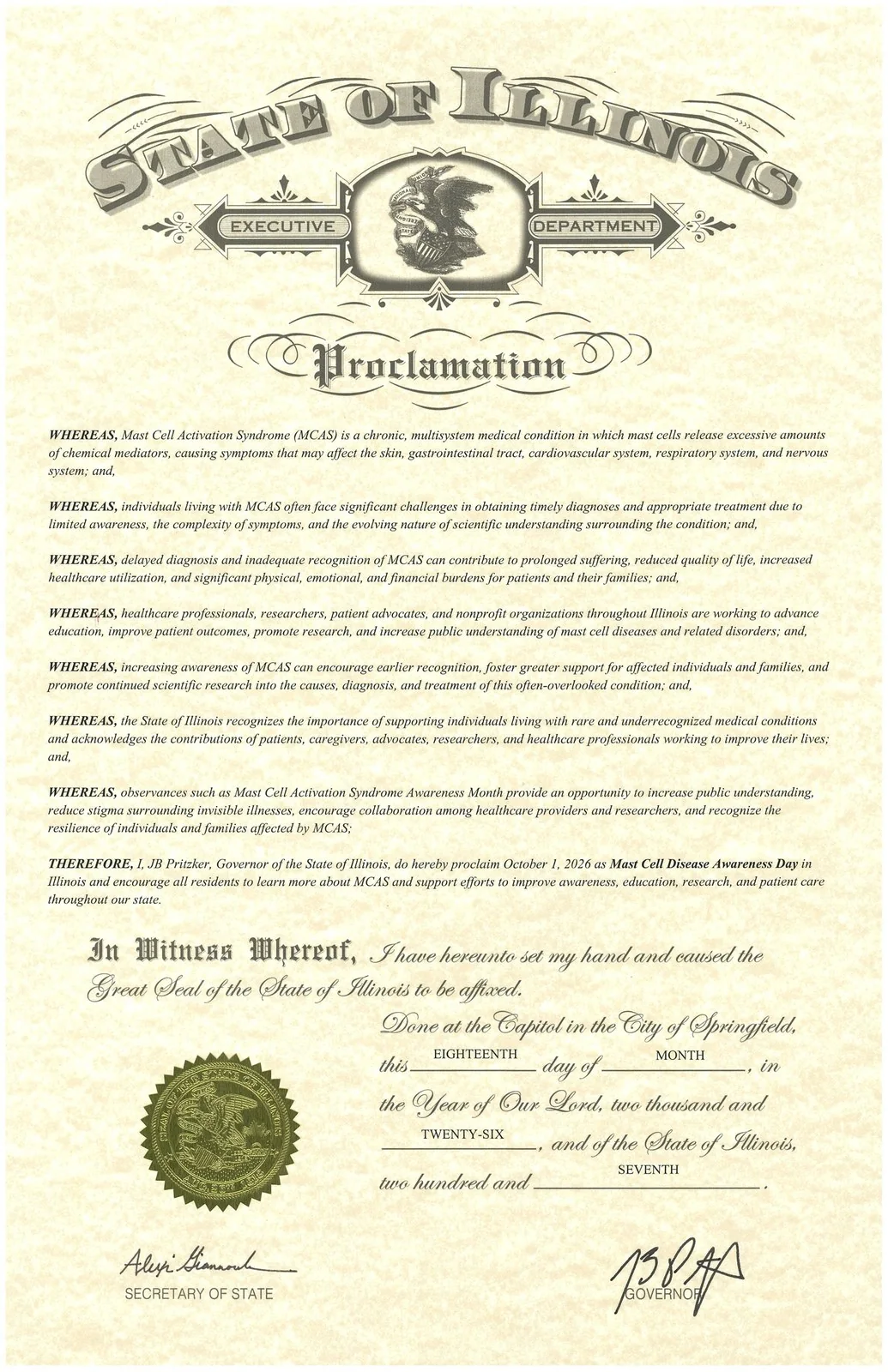 Official State of Illinois proclamation signed by Governor JB Pritzker declaring October 1, 2026 as Mast Cell Disease Awareness Day