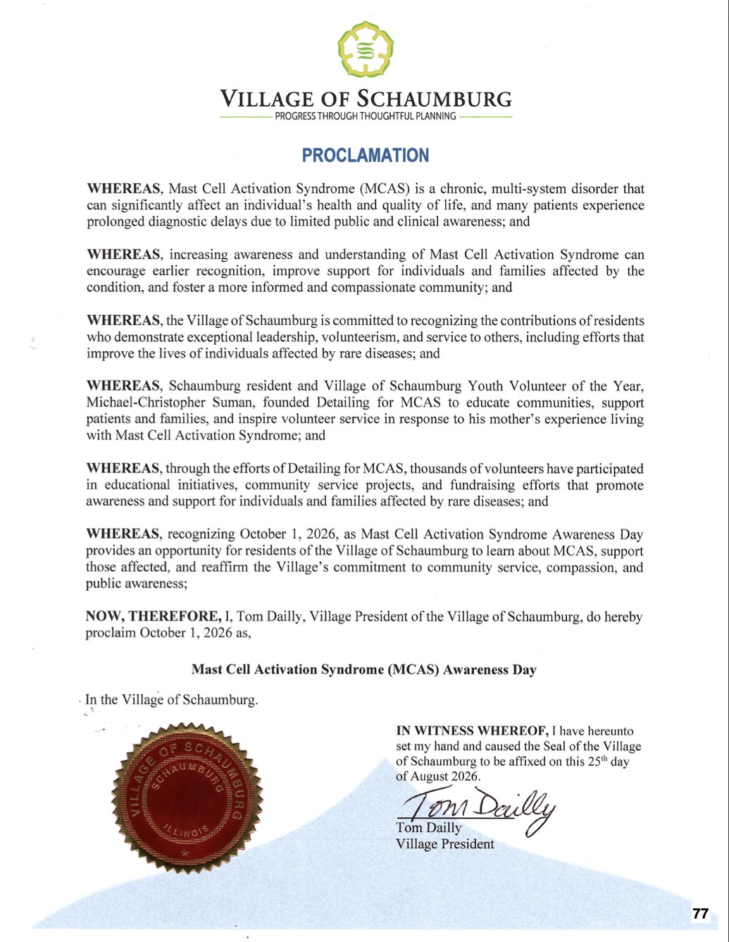 Official Village of Schaumburg proclamation signed by Mayor Tom Dailly declaring October 1, 2026 as Mast Cell Activation Syndrome Awareness Day