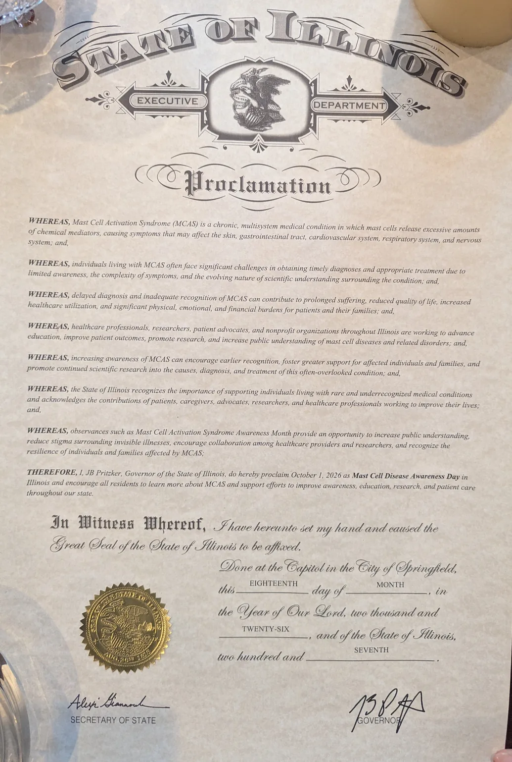 The signed State of Illinois proclamation bearing the embossed Great Seal of the State and the signatures of Governor JB Pritzker and the Secretary of State