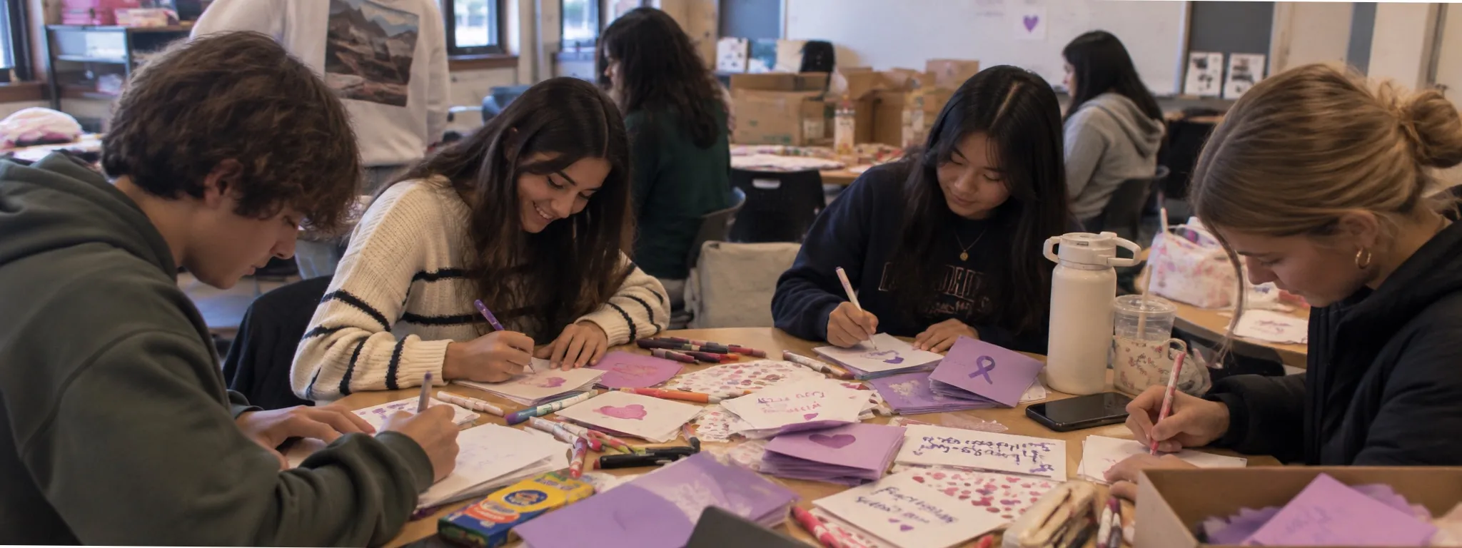 Students writing handmade cards for MCAS patients at a Detailing for MCAS event