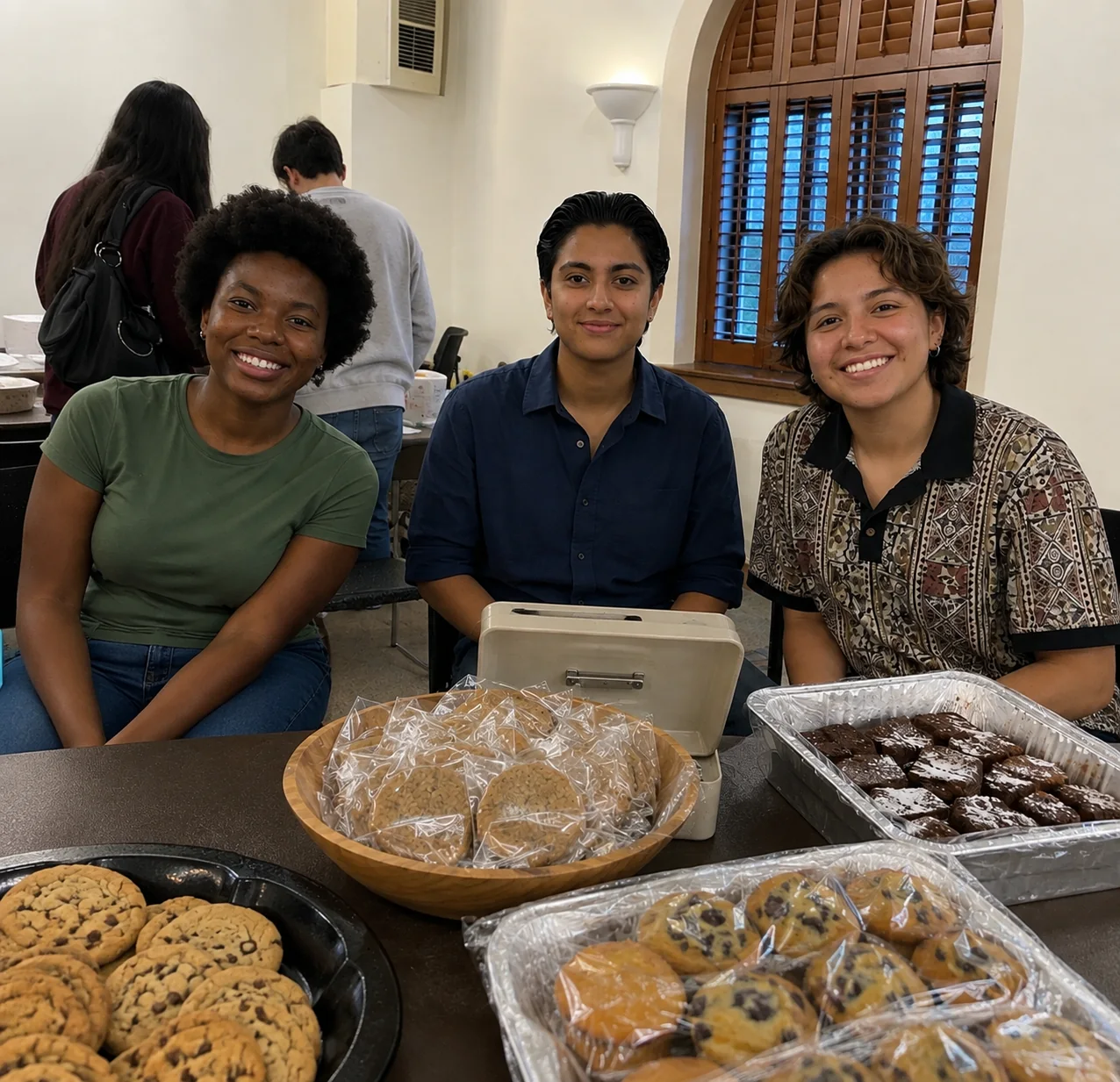 Three volunteers behind trays of cookies and muffins at an indoor bake sale fundraiser