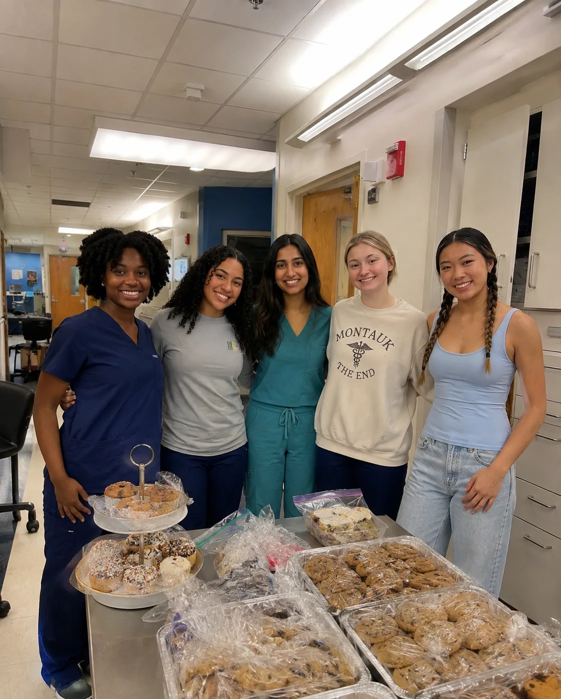 Volunteers in medical scrubs beside baked goods donated to a hospital