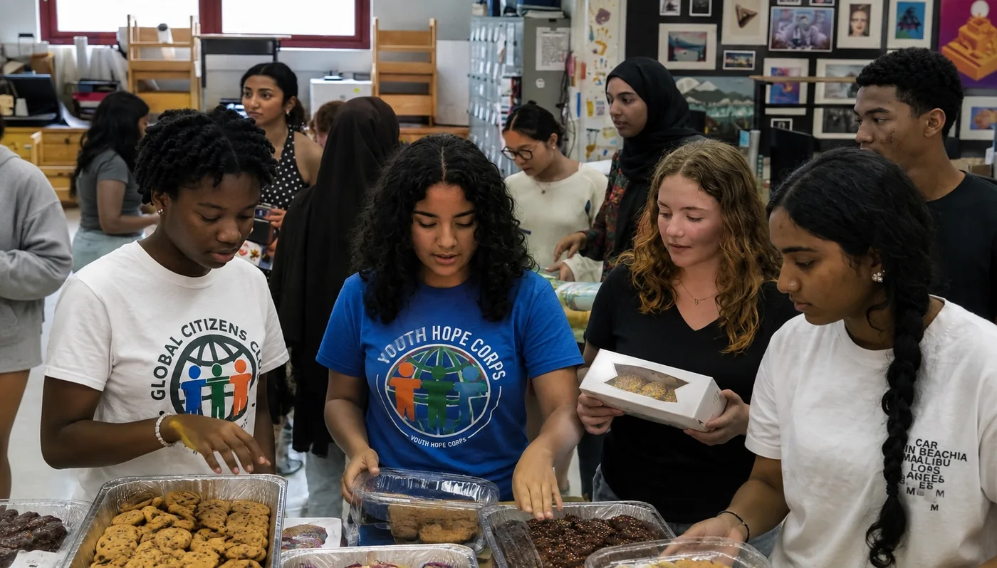 Volunteers packaging baked goods to raise funds for MCAS patient care packages